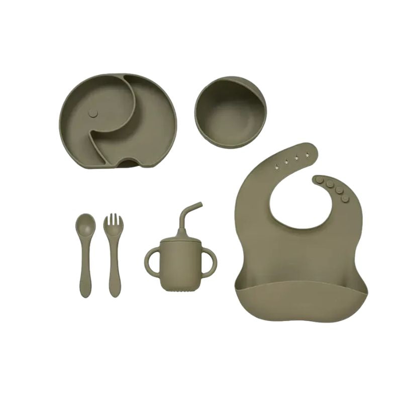 BabaBing 6-Piece Silicone Baby Weaning & Feeding Set| 6 Months+ | Olive