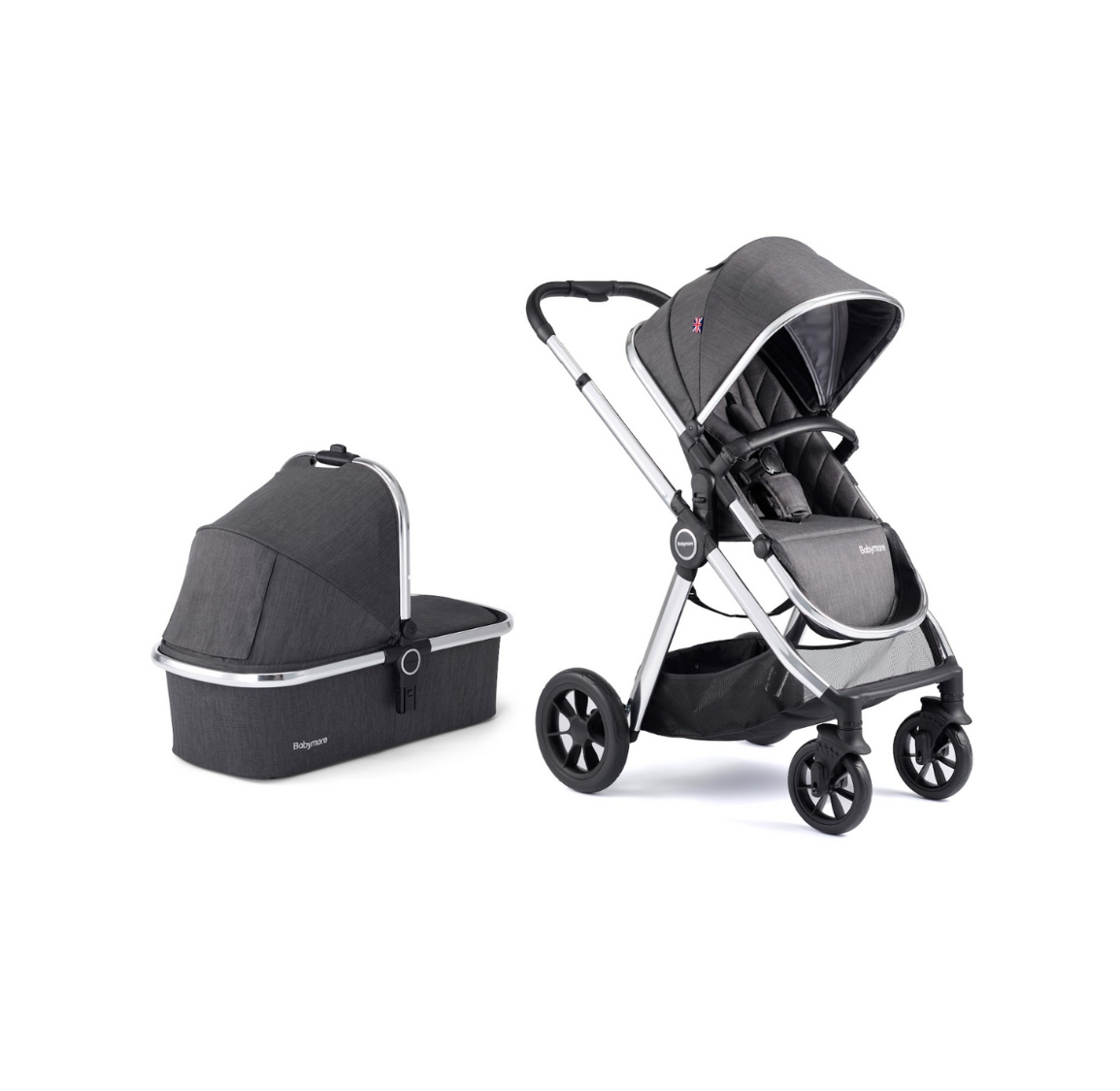 Babymore Memore V2 3 in 1 Travel System + Coco Car Seat - Black Chrome