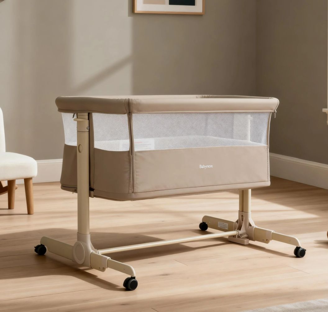Babymore Neera Bedside Crib – Khaki | 2-in-1 Bedside Sleeper & Baby Crib with Mattress