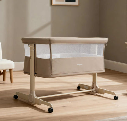 Babymore Neera Bedside Crib – Khaki | 2-in-1 Bedside Sleeper & Baby Crib with Mattress