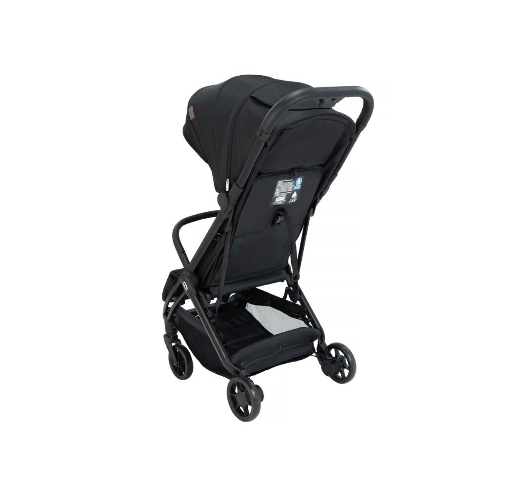 A black stroller with a matching canopy and frame, shown from a three-quarter angle against a plain white background.