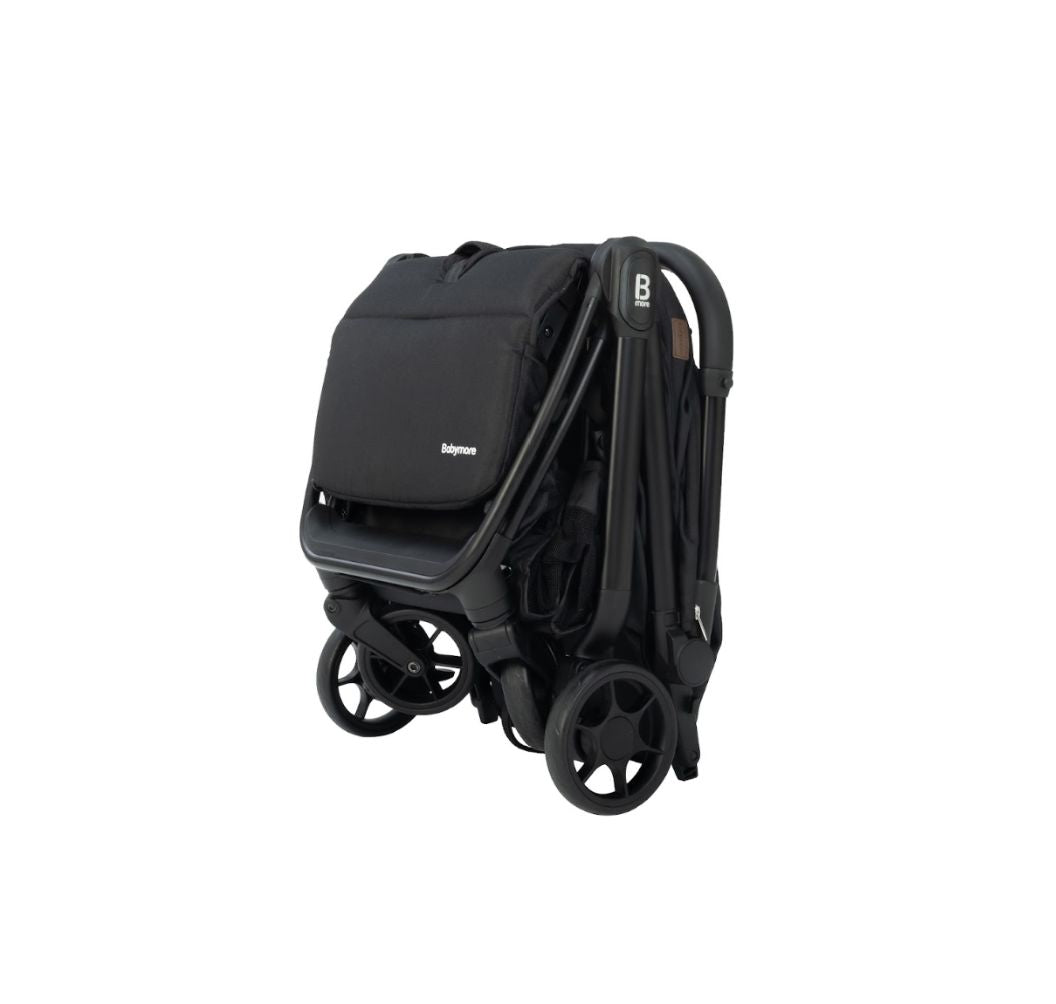 A black stroller with a matching canopy and frame, shown from a three-quarter angle against a plain white background.