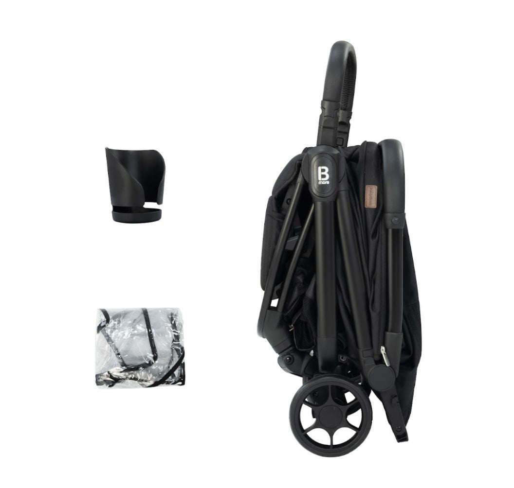 A black stroller with a matching canopy and frame, shown from a three-quarter angle against a plain white background.