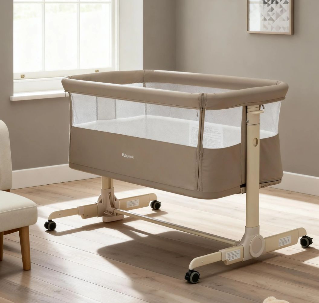 Babymore Neera Bedside Crib – Khaki | 2-in-1 Bedside Sleeper & Baby Crib with Mattress