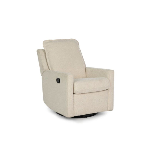 An upholstered recliner chair in a textured cream bouclé fabric, shown with the footrest extended in a styled room setting with a blue paneled wall, a floor lamp, and a decorative basket.