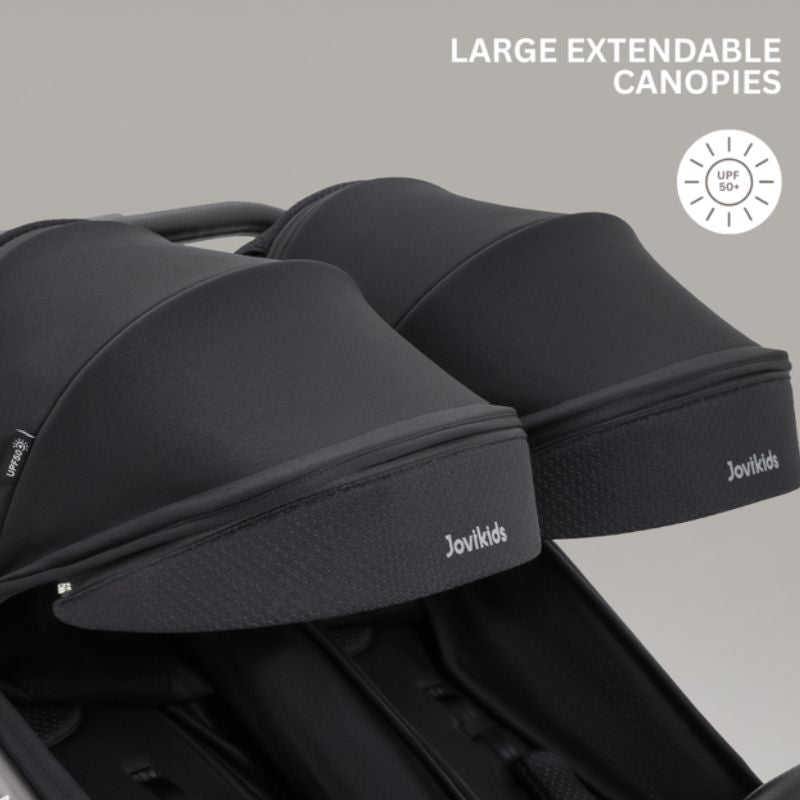JoviKids Ayla Twin Lightweight Double Stroller | Compact Auto Fold Pushchair | Cabin Ready - Urban Black
