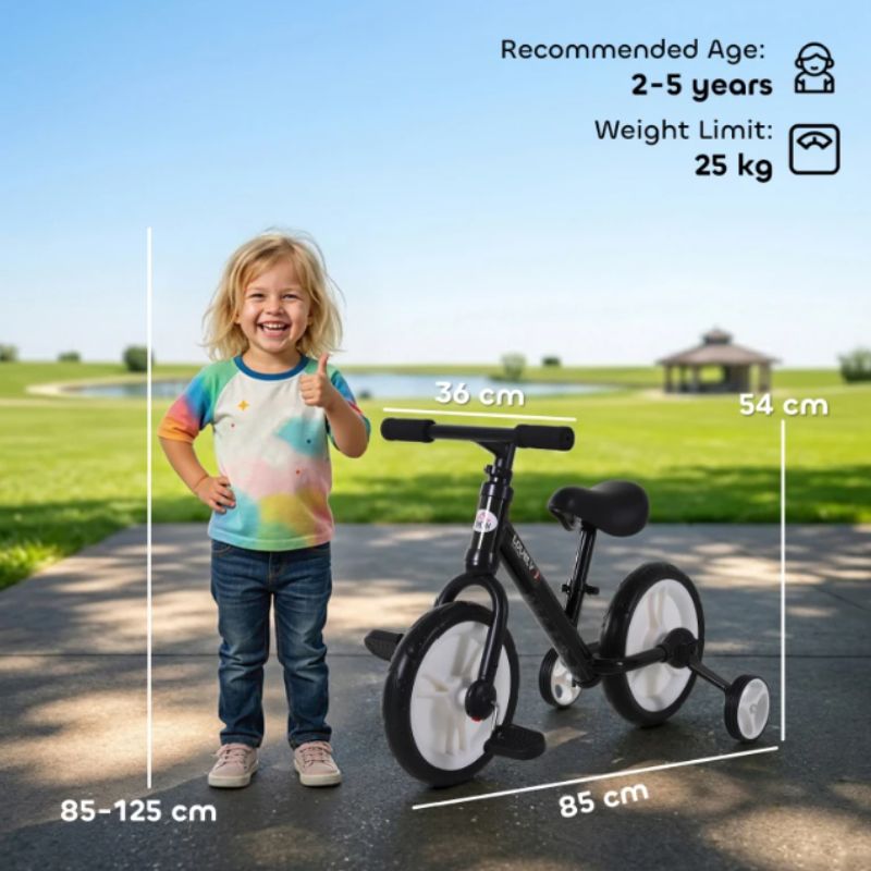HOMCOM 2-in-1 Balance Bike with Removable Stabilisers | Adjustable Toddler Training Bike | Ages 2–5 Years - Black