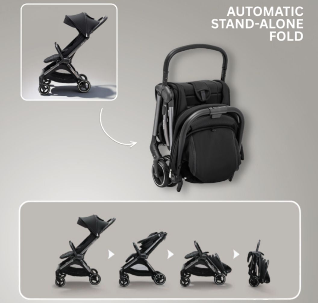 JoviKids Ayla Compact Travel Stroller | Auto Fold Lightweight Pushchair | Cabin-Friendly | Birth to 22kg - Urban Black