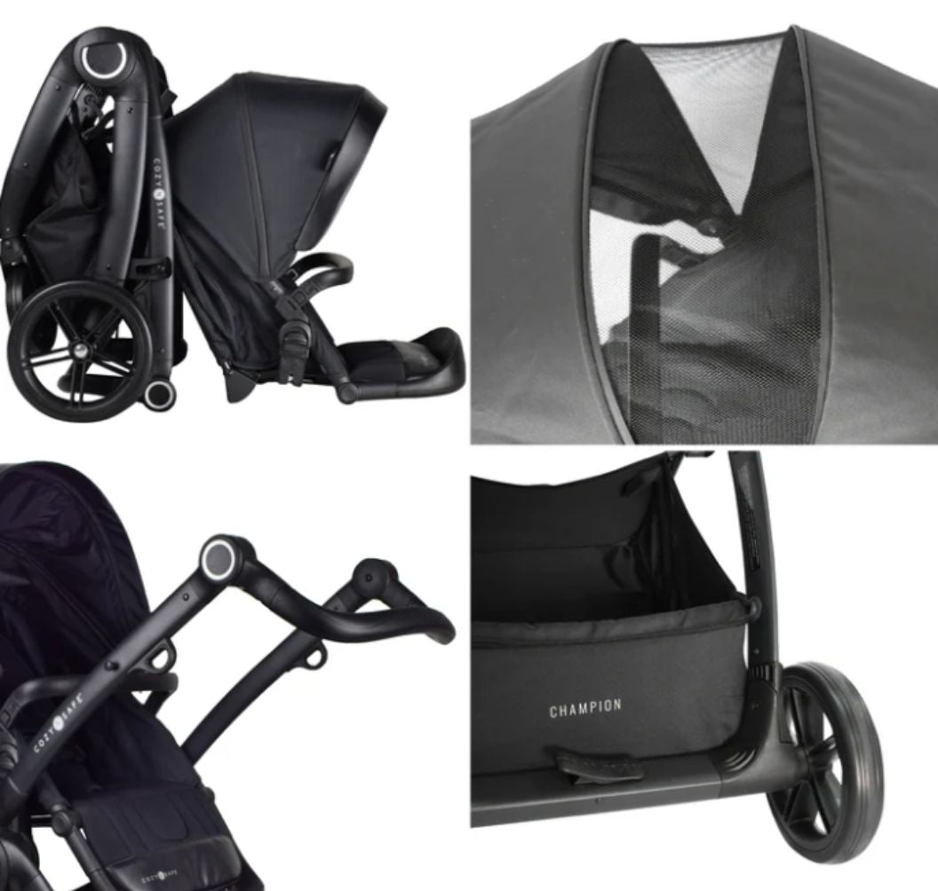 Cozy N Safe Champion Pram Pushchair | Reversible Seat | Travel System Ready | Birth to 15kg | Black