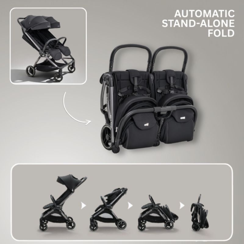 JoviKids Ayla Twin Lightweight Double Stroller | Compact Auto Fold Pushchair | Cabin Ready - Urban Black