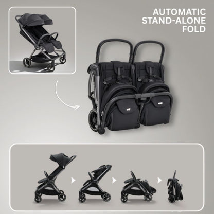 JoviKids Ayla Twin Lightweight Double Stroller | Compact Auto Fold Pushchair | Cabin Ready - Urban Black