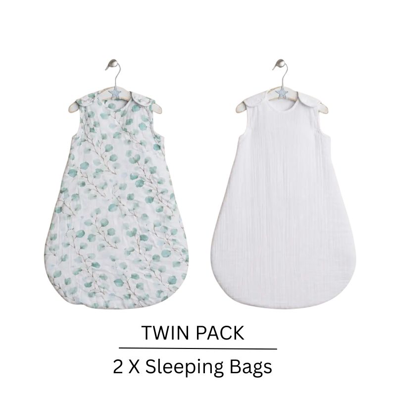 Obaby Twin Pack Muslin Baby Sleeping Bags | 2.5 Tog | 0–6 Months | Eucalyptus & White