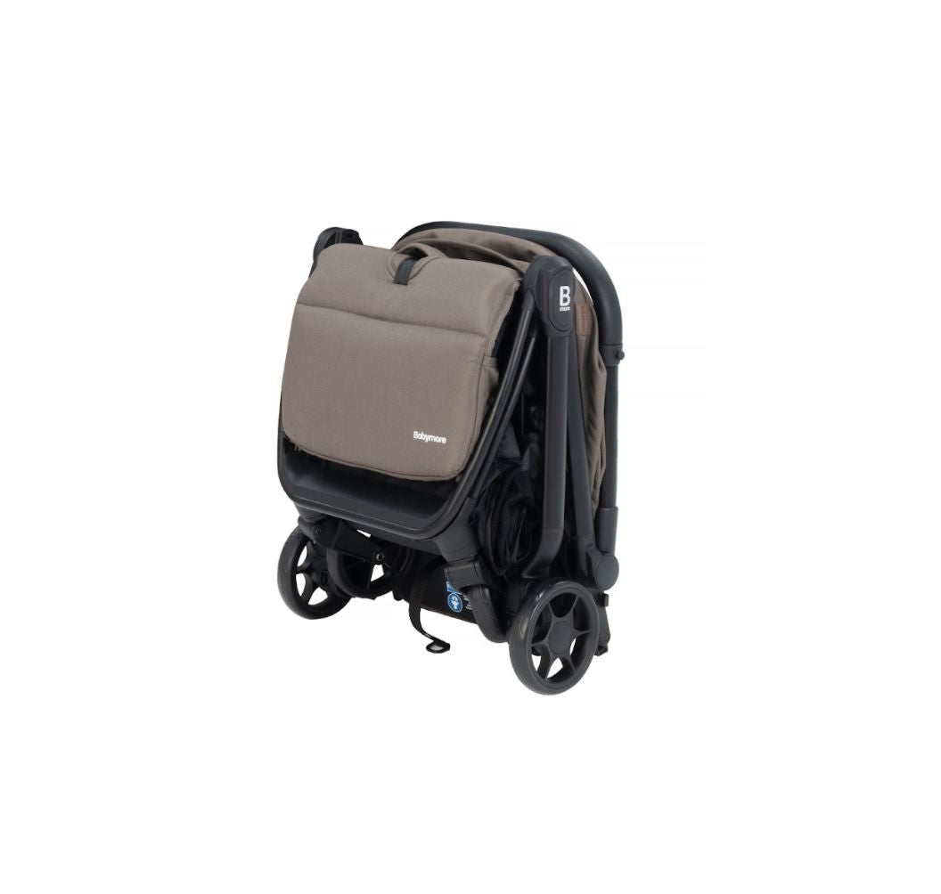A folded stroller in chocolate and black, shown from a three-quarter angle against a plain white background.