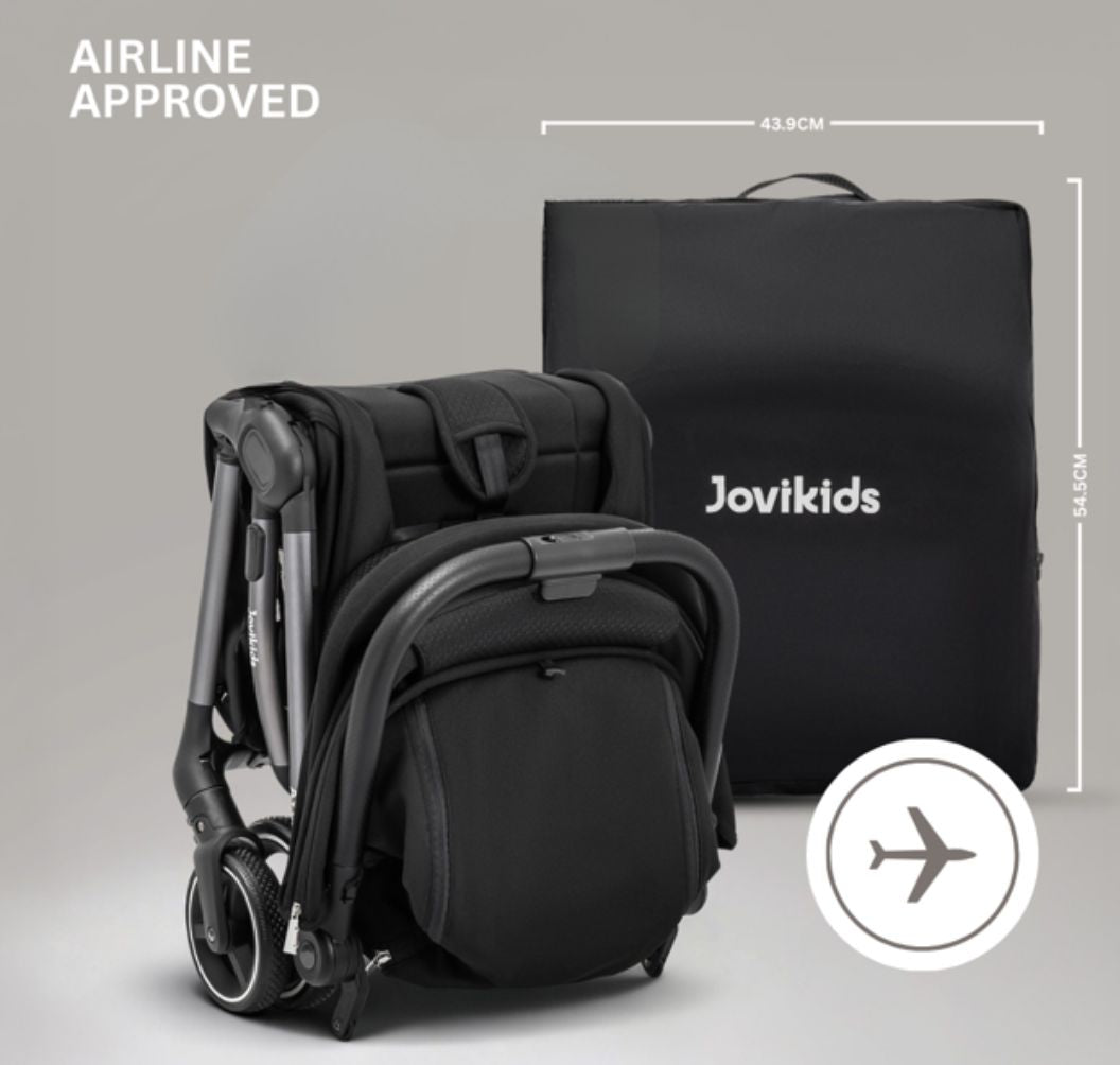 JoviKids Ayla Compact Travel Stroller | Auto Fold Lightweight Pushchair | Cabin-Friendly | Birth to 22kg - Urban Black
