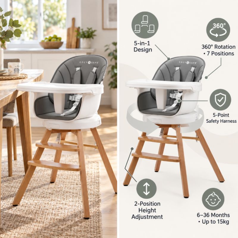 Cozy N Safe Eden 360 Highchair | 5-in-1 Swivel High Chair