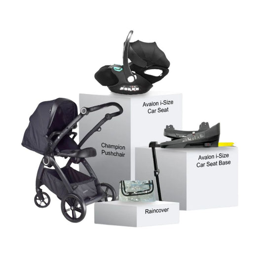 Cozy n Safe Champion & Avalon Travel System 3 in 1 Bundle  Pram, Carrier and Base - Grey & Black