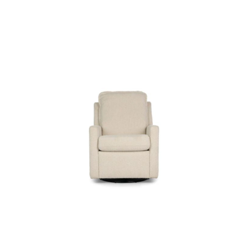 An upholstered recliner chair in a textured cream bouclé fabric, shown with the footrest extended in a styled room setting with a blue paneled wall, a floor lamp, and a decorative basket.