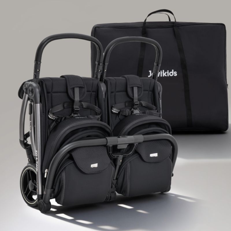 JoviKids Ayla Twin Lightweight Double Stroller | Compact Auto Fold Pushchair | Cabin Ready - Urban Black